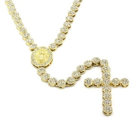 Gold Rosary Cluster Simulated Diamond Chain Necklace Cross